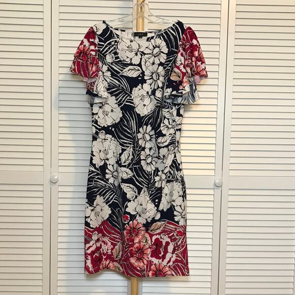 Violet B. Floral Scoop Neck Ruffled Stretch Short Sleeves Sheath Midi Dress L - Picture 1 of 5